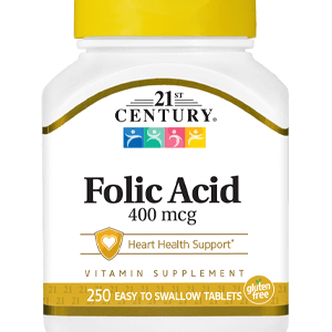 Folic Acid 400 mcg by 21st Century HealthCare, Inc., view from the front.