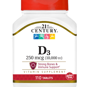 Vitamin D3 250 mcg by 21st Century HealthCare, Inc., view from the front.